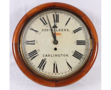 Victorian circular mahogany fusee timepiece, the enamel Roman dial with maker Cox-Walkers of Darlington, 40cm.   CONDITION RE
