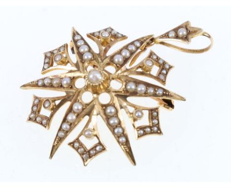 15ct gold starburst pendant brooch set with seed pearl.