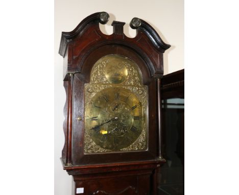 George III oak longcase clock, with arched brass Roman/Arabic dial inscribed 'Tempus Fugit', the trunk with fluted quarter co