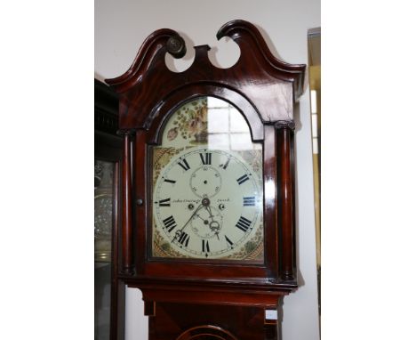 Victorian mahogany long case clock, maker John Carge of Insch, the arched Roman enamel dial with flowers, the trunk with arch