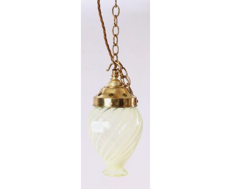 Brass and vaseline glass pendant light.   CONDITION REPORT:  Few chips to shade at end meeting mount - possibly caused by scr