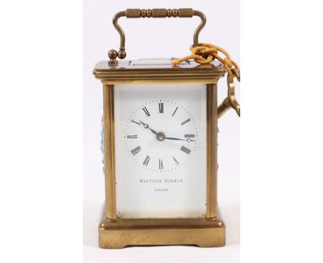 Matthew Norman brass and Limoges porcelain carriage timepiece, with Roman enamel dial, 14cm.