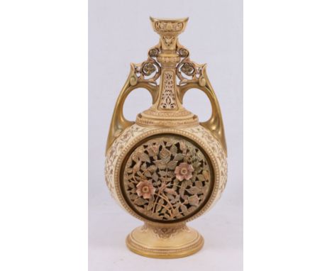 Royal Worcester reticulated blush ivory moon flask or vase, 45cm.   CONDITION REPORT:  Some rubbbed areas/scuffs in place.  S