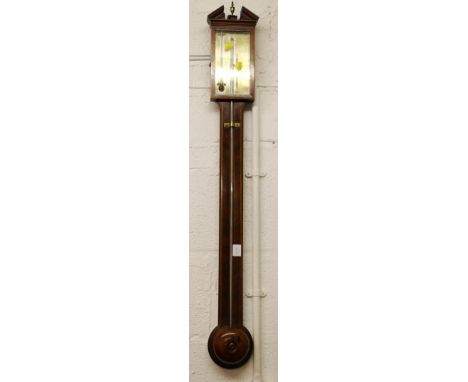 George III line inlaid mahogany stick barometer, maker P Garof & Co. of 8 Hanover St., Edinburgh, with engraved brass inciato