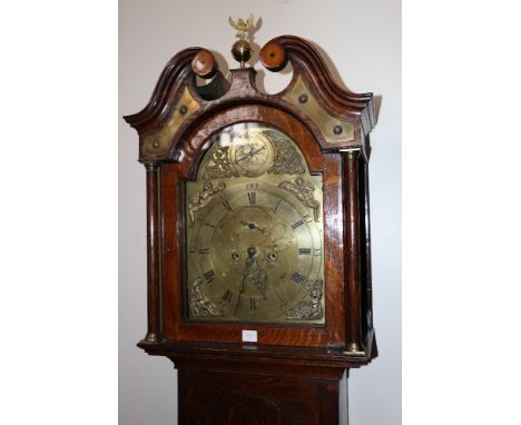 19th century oak longcase clock, maker John Drummond of Brechin, the arched brass Roman dial with seconds and date aperture, 