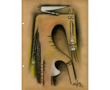 Artist: Wifredo Lam (Cuban, 1902 - 1982). Title: "Composicion". Medium: Mixed media (Gouache, pastel, and crayon) on paper. D