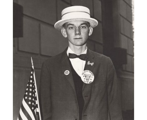 Artist: Diane Arbus (American, 1923-1971). Title: "Boy with a Straw Hat Waiting to March in a Pro-war Parade, N.Y.C". Medium: