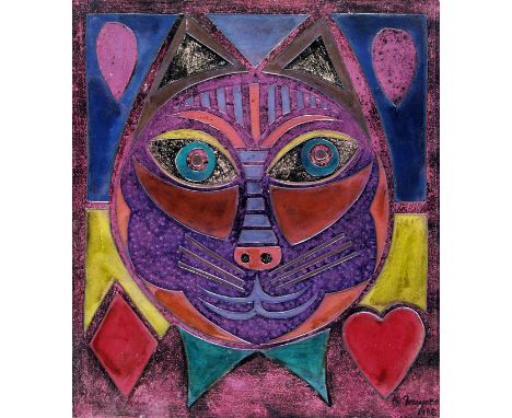 Artist: Karima Muyaes (Mexican, b.1960). Title: "Lucky Cat". Medium: Oil on illustration board with extensive cutouts. Date: 