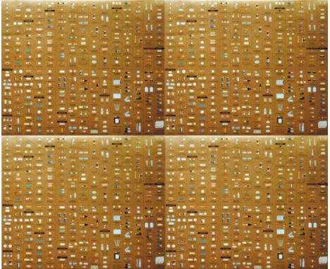 Artist: Damien Hirst (English, b.1965). Title: "Pharmacy Panel (Gold) (2004) (4 panel)". Medium: Color silkscreen and offset 