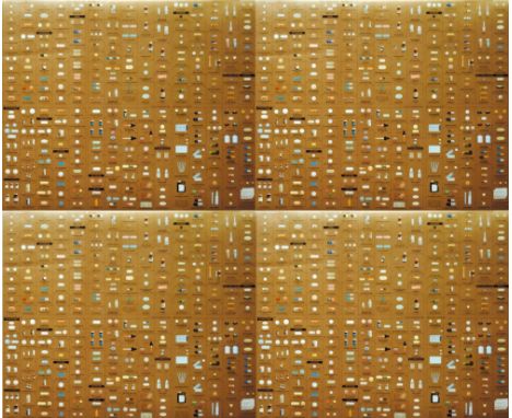 Artist: Damien Hirst (English, b.1965). Title: "Pharmacy Panel (Gold) (2004) (4 panel)". Medium: Color silkscreen and offset 