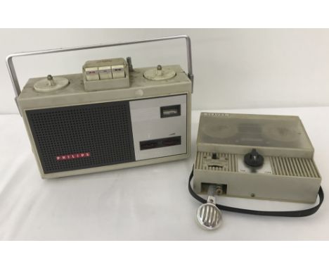 2 small vintage hand held portable reel to reel tape recorders. A Seavox 4 transistor recorder #2763 with attached wired micr