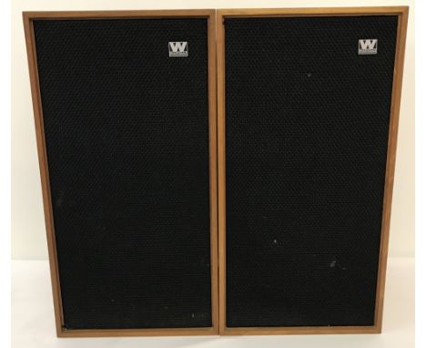2 vintage Wharfedale Speakers in teak wood case with woven fronts. Complete with Wharfedale Linton 2 booklet. Approx 48.5 x 2