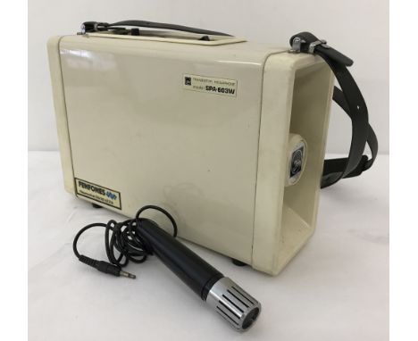 A vintage Toa Transistor shoulder megaphone in cream. Free standing and with shoulder strap. Model SPA-603W, complete with pl
