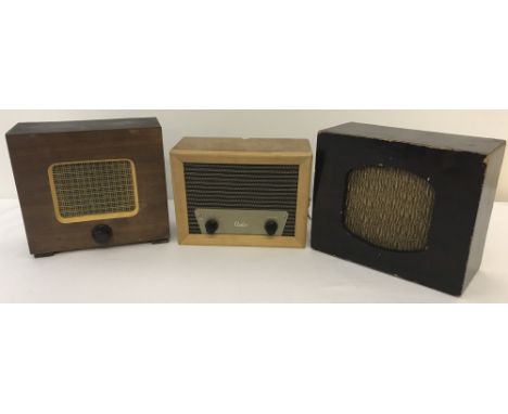 3 vintage wooden cased speakers. A Jay-Bee extension speaker with single Bakelite knob, a dark wood cased "Handy" transformer