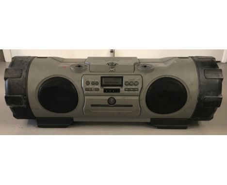 A vintage JVC Powered Woofer CD System Ghetto Blaster in grey &amp; black. Model #RV-B90GY, serial # 153X0413. Approx. 70cm l