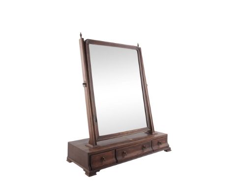 A GEORGE III STYLE MAHOGANY CRUTCH FRAME TOILET GLASS, raised on a base fitted with three drawers, on bracket feet. 54 cm wid