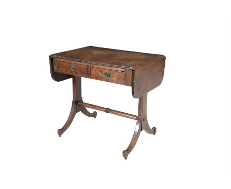 A 19TH CENTURY MINIATURE DROP LEAF SOFA TABLE, with frieze drawers and brass ring handles, raised on splayed trestle end supp