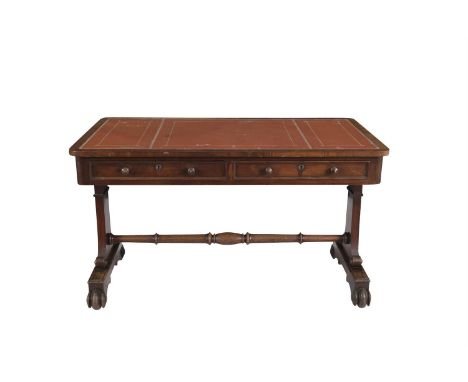 AN IRISH MAHOGANY COMPACT LIBRARY TABLE, c.1840 by Strahan & Co. Dublin, with inset leather tooled scriver, above two frieze 