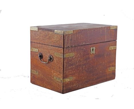 A 19TH CENTURY MAHOGANY BRASS MOUNTED RECTANGULAR DECANTER CASE, the hinged top opening to reveal a compartmented interior. 3