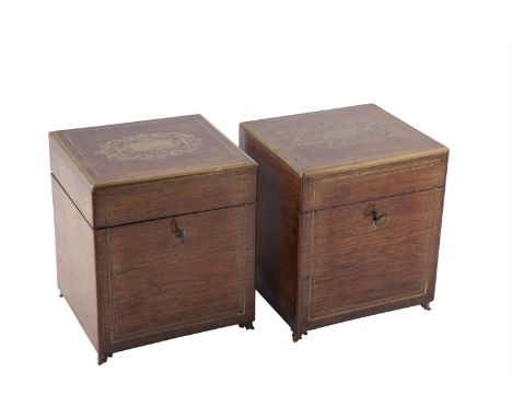 A PAIR OF GEROGE III ROSEWOOD AND BRASS INLAID RECTANGULAR TEA CADDIES, the hinged top with inset brass arabesque vacant cart