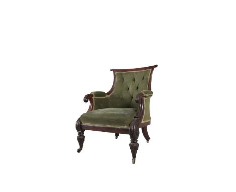 A GEORGE IV MAHOGANY FRAMED GENTLEMAN'S ARMCHAIR, the curved panel button back, armrests and seat covered in green material, 