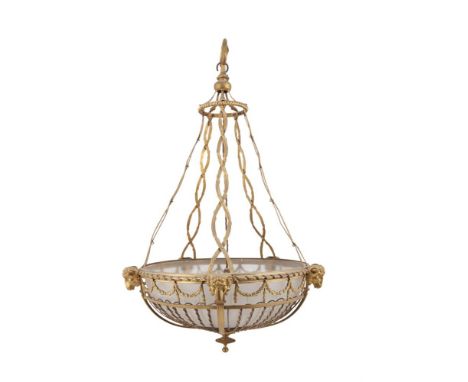 AN EMPIRE STYLE GILDED BRASS FRAMED CEILING LIGHT, the frame with rams' heads, bellflower swags and wire supports with opaque