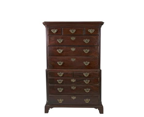 A 19TH CENTURY MAHOGANY CHEST IN THE MID GEORGIAN TASTE, with moulded cornice above an arrangement of short and long drawers 