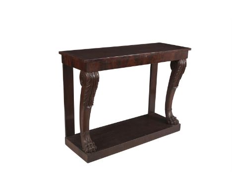 A 19TH CENTURY MAHOGANY RECTANGULAR CONSOLE TABLE, the crossbanded top above a plain frieze, raised on leaf carved cabriole l