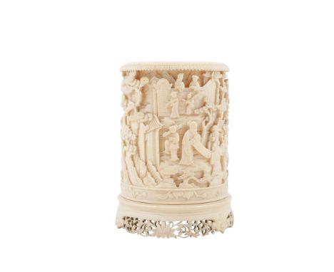 A CHINESE CARVED IVORY BRUSH POT, Canton, 19th century, of cylindrical form, carved in deep relief with continuous scene of c