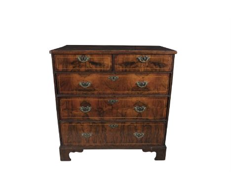 A GEORGE III INLAID WALNUT RECTANGULAR CHEST OF DRAWERS, the top with moulded rim above two short and three long drawers, wit