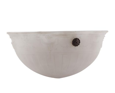 A LARGE OPAQUE GLASS CEILING LIGHT BOWL, with brass rosette mounts, the body moulded with neo-classical urn and swag banding 