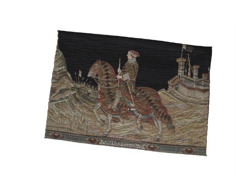 A NEEDLEWORK PANEL IN THE 15TH CENTURY TASTE, depicting a regal horseman and castle with amassed army. 139 x 96cm