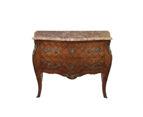 A FRENCH KINGWOOD MARQUETRY COMMODE, of shaped rectangular bombé form, the yellow/red veined marble top with moulded rim rais