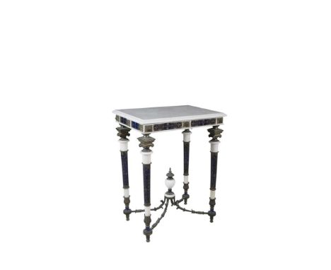 A 19TH CENTURY WHITE MARBLE BRASS AND ENAMEL RECTANGULAR OCCASIONAL TABLE, the top with moulded rim above a frieze, on circul