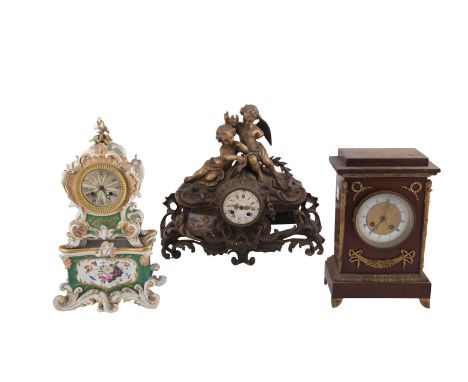 A FRENCH ORMOLU FIGURAL MANTLE CLOCK, 19th century signed Racine & Co. Paris, surmounted with cherubs reading under an oil la