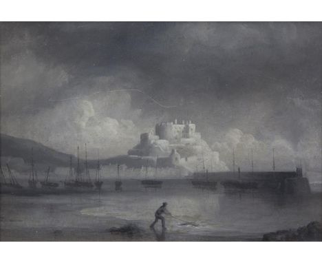 ATTRIBUTED TO PHILIP JOHN OULESS (1817-1885)Mont Orgueil Castle from the beach, with a man shrimpingSepia oil sketch on millb