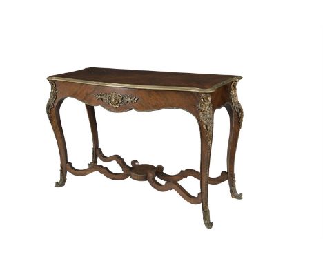 A LOUIS QUINZE STYLE KINGWOOD AND ROSEWOOD CONSOLE TABLE, of shaped rectangular form, the crossbanded top within cast brass r