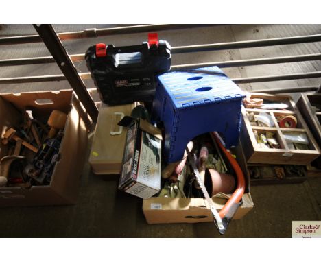 A box of garden tools, folding plastic step etc