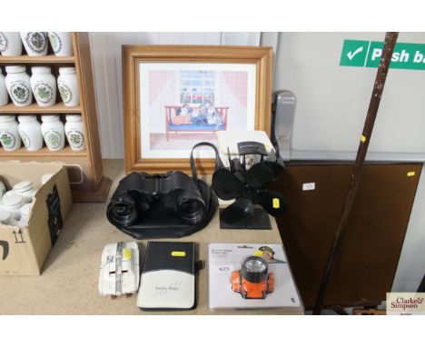 A pair of Ranger Crest 20 x 50 field binoculars; a wood burner fan; framed print and a Dinky toy maximum security vehicle