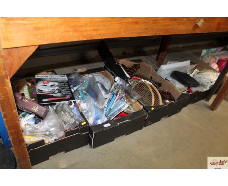 Four boxes containing candles; various teaware; napkin rings; a snooker cue; a vintage tennis racket; Art Glass light shade; 