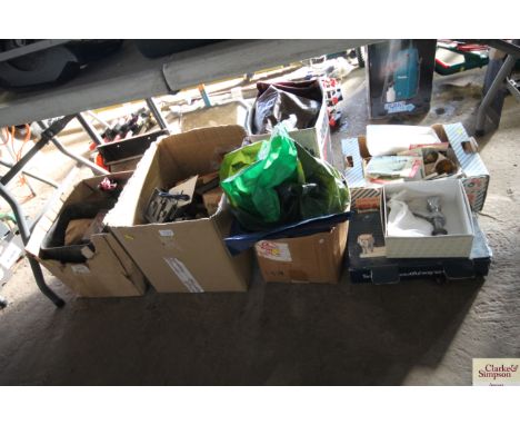 Four boxes containing tools, taps, golf tees etc