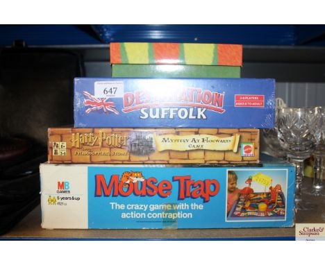 A Mouse Trap game; Harry Potter Mystery at Hogwarts game; Destination Suffolk and Backgammon