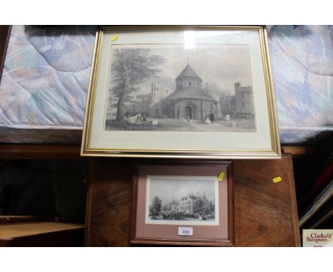 A black and white print depicting a country house and a large black and white print of a church 