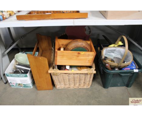 Four boxes containing various kitchen sundries, saucepans, various wooden and silver plated items, hand tools etc