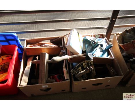 Two boxes of tools including wooden clamps, draw gliding attachment, Stanley No 4 plane, wire brushes etc