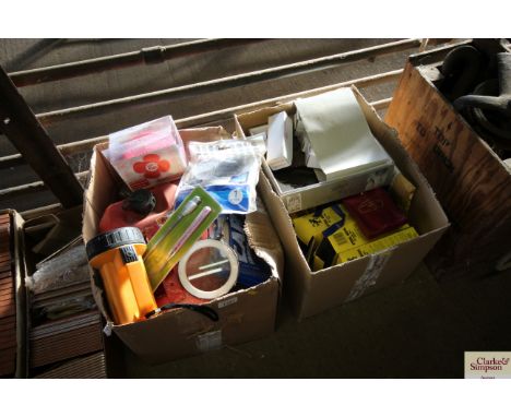 Two boxes containing tools, petrol can, steel wool, circular saw blades etc