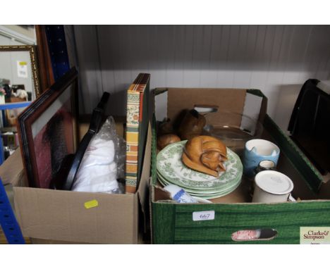 A wooden tray and two boxes containing wooden ornaments; various china; a print etc
