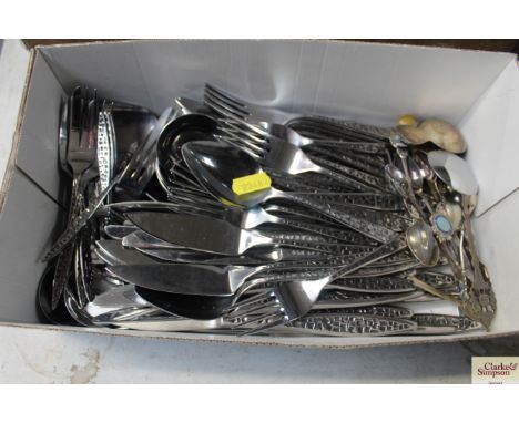 A box of Viners mosaic cutlery; white metal souvenir spoons; caddy spoons etc