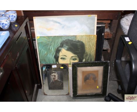 A collection of photographic prints, oil on board study of a moored boat, a coloured print 'Winner of the Derby 1894'