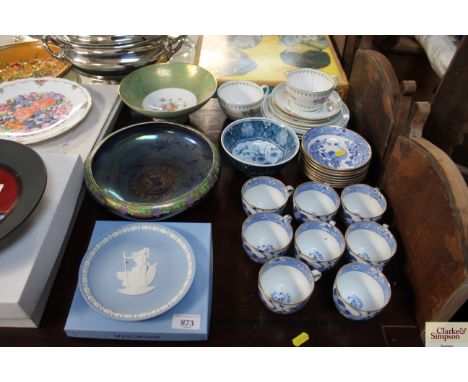 A collection of blue and white cups and saucers, Copeland and Spode teaware, a Minton floral decorated pedestal bowl, Wedgwoo